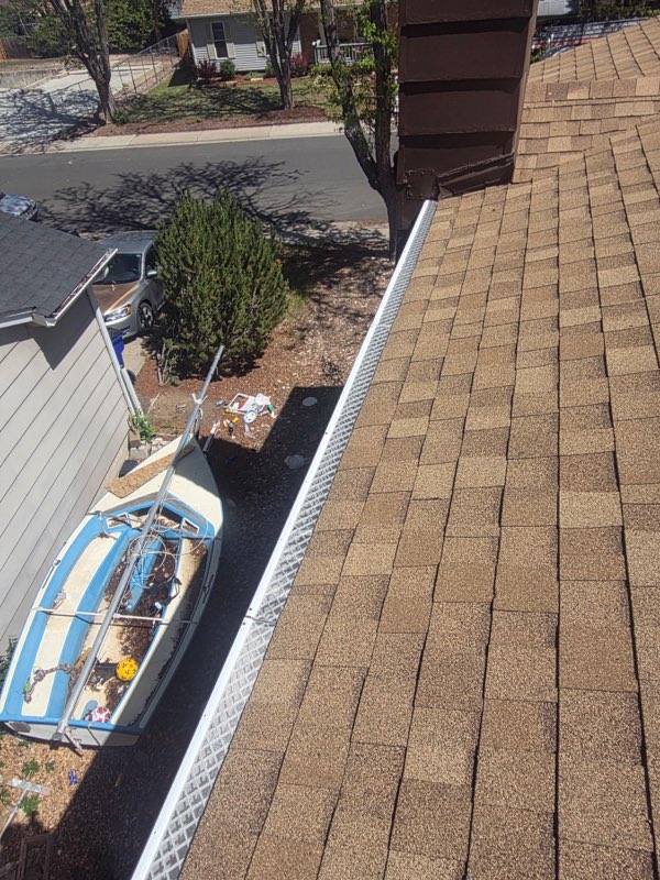 Newly installed leaf guards covering the gutter along a shingled roof edge