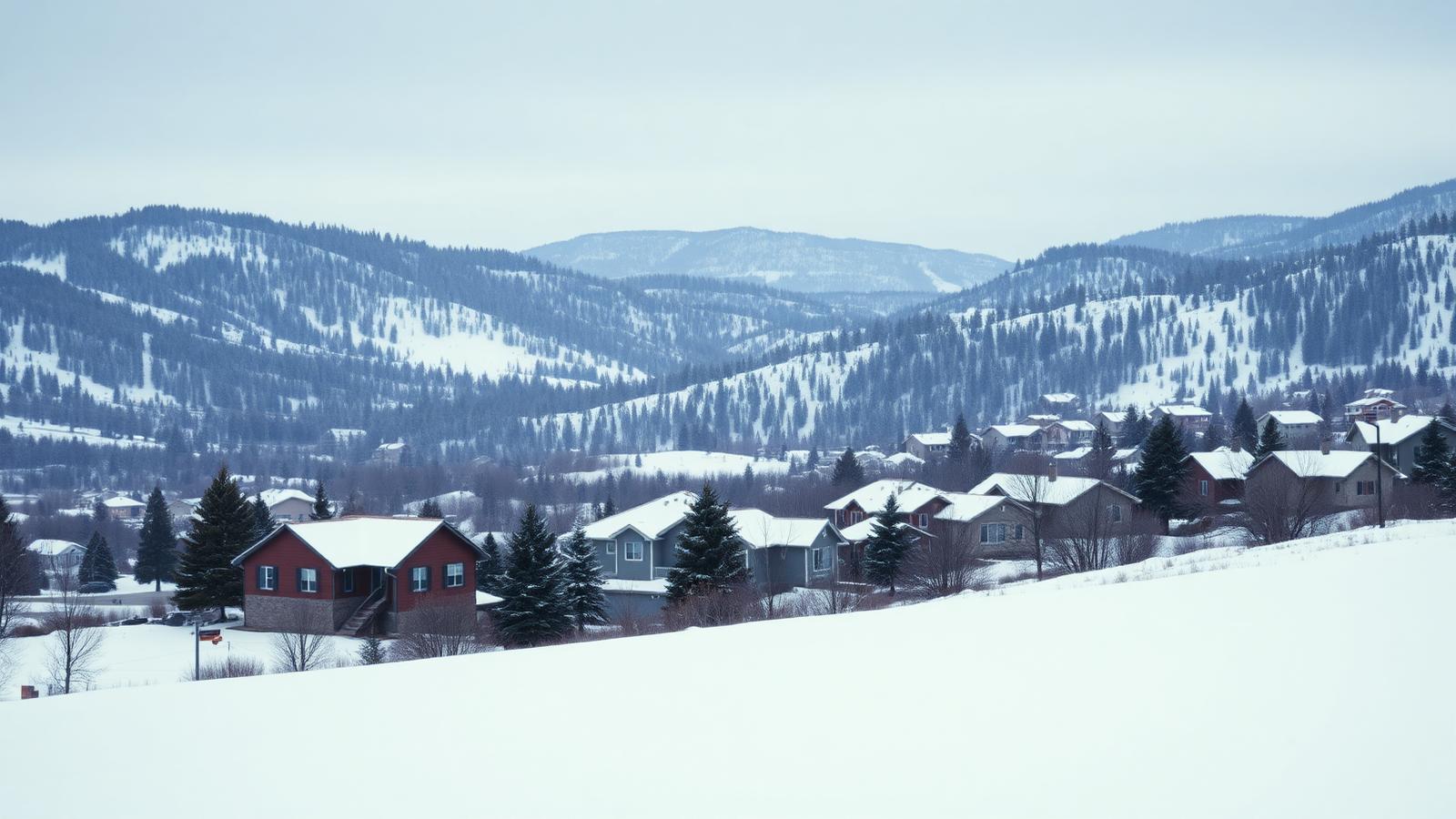 Snow-covered foothills above homes near Littleton, Colorado in winter